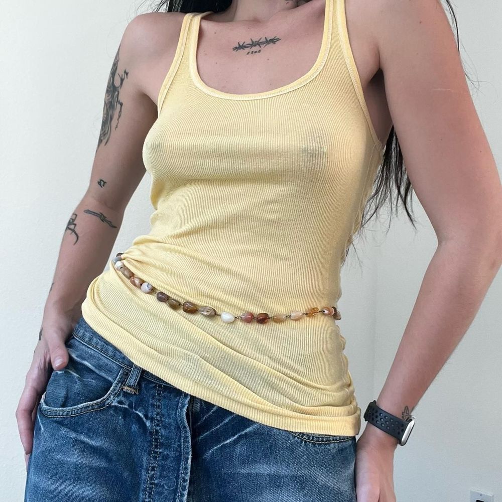 vtg creamy Easter yellow racerback fitted long tank top camisole
